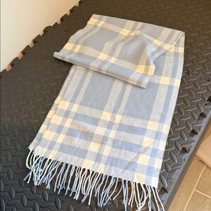 Plaid Fringe Scarf in Blue and Cream